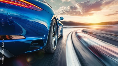 Blue business car speeding on high-speed highway curve, rear view of vehicle racing on road
