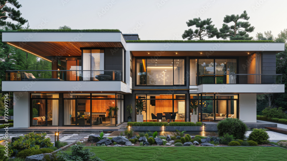 Modern European Villa with large windows and lots of green Modern European Villa with large windows and lots of green