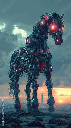 A conceptual design of a futuristic robotic horse with glowing elements, standing in a desolate landscape at dusk.