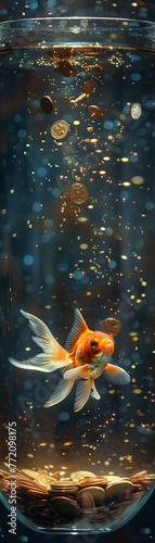 A goldfish rises through sparkling water filled with bubbles and shimmering coins, symbolizing prosperity and growth.