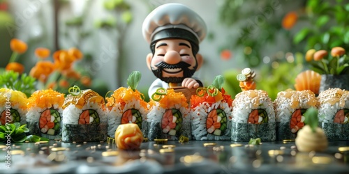 Adorable 3D render of a friendly, sushi chef-inspired financial advisor skillfully slicing vibrant, oversized sushi rolls filled with colorful, banknote-wrapped vegetables and gleaming, golden coin-sh