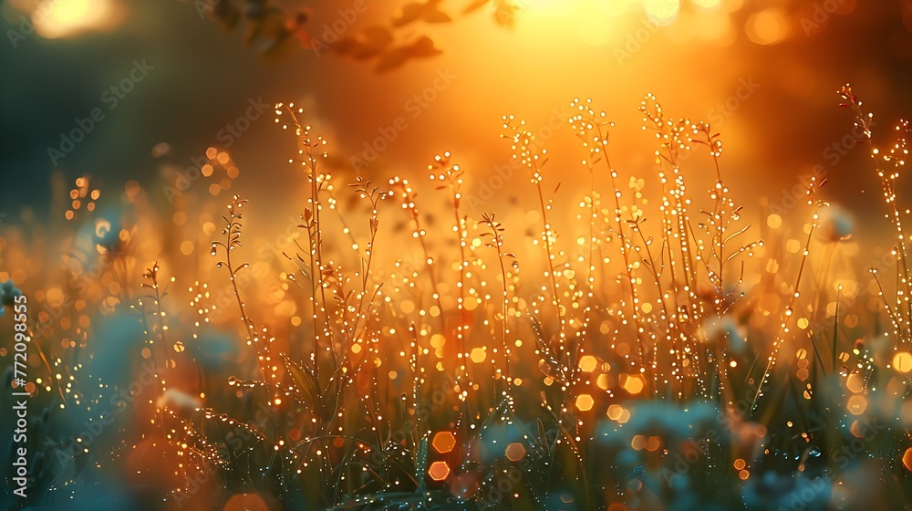 Dewdrops on grass in a meadow catch the morning sun, creating a soft focal point of a warm spring day