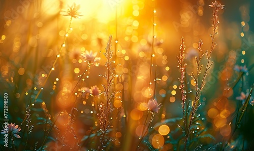 Dewdrops on grass in a meadow catch the morning sun, creating a soft focal point of a warm spring day