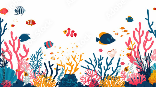 Underwater Coral Scene in digital style with white background and colorful fishes © Manuel