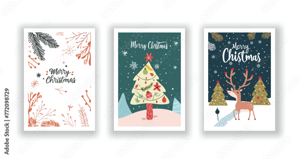 Fototapeta premium Hand-Drawn Christmas Greetings: Cute Flyers and Postcards with Minimalist Christmas Background