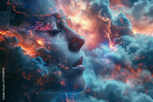 A surreal image blending a woman's side profile with a cosmic dreamscape, nebulae, and stars in a deep space setting.