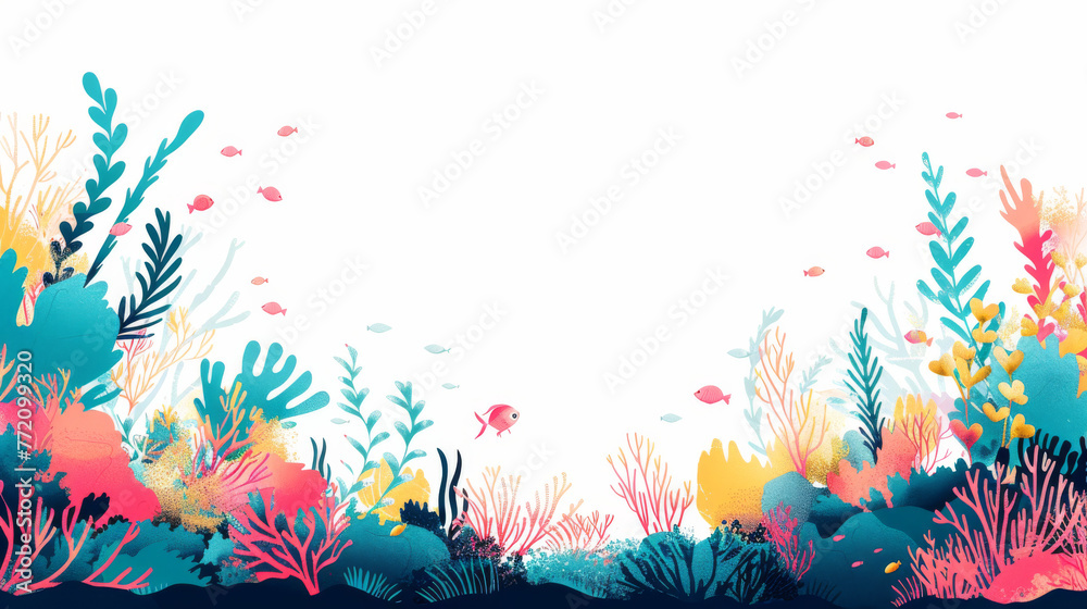 Underwater Coral Scene in digital style with white background and colorful fishes