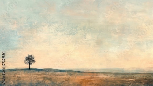 A solitary tree stands on a gentle hill under a vast, subdued sky in this serene, minimalist landscape painting. photo