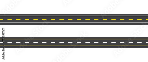 Straight and winding road road. Seamless asphalt roads template. Highway or roadway background. Vector illustration. Seamless highway marking Isolated on background.