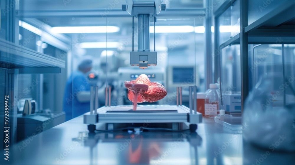 3D printer creating a red, intricate organ model in a laboratory setting, with a researcher in the background. 3D printer creating a red, intricate organ model in a laboratory setting, with a researcher in the background.