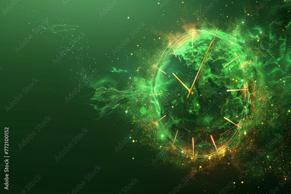 A clock representing the planet earth in low poly wireframe style. The land resources have run out. A polygonal abstract isolated on a green background.