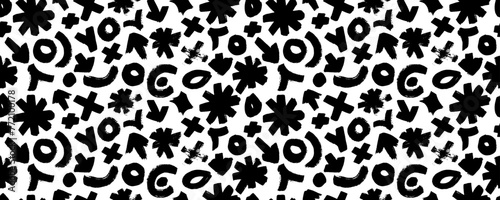 Seamless pattern with various geometric trendy shapes. Bold brush drawn geometric figures and objects ornament. Arrow, circles, swirls, asterisk and curved bold lines. Hand drawn abstract pattern.