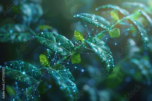 A low poly wireframe illustration of plant sprout biotechnology. An illustration of seedling tree leaves with DNA genome engineering vitamins. A medical science life eco illustration. Abstract