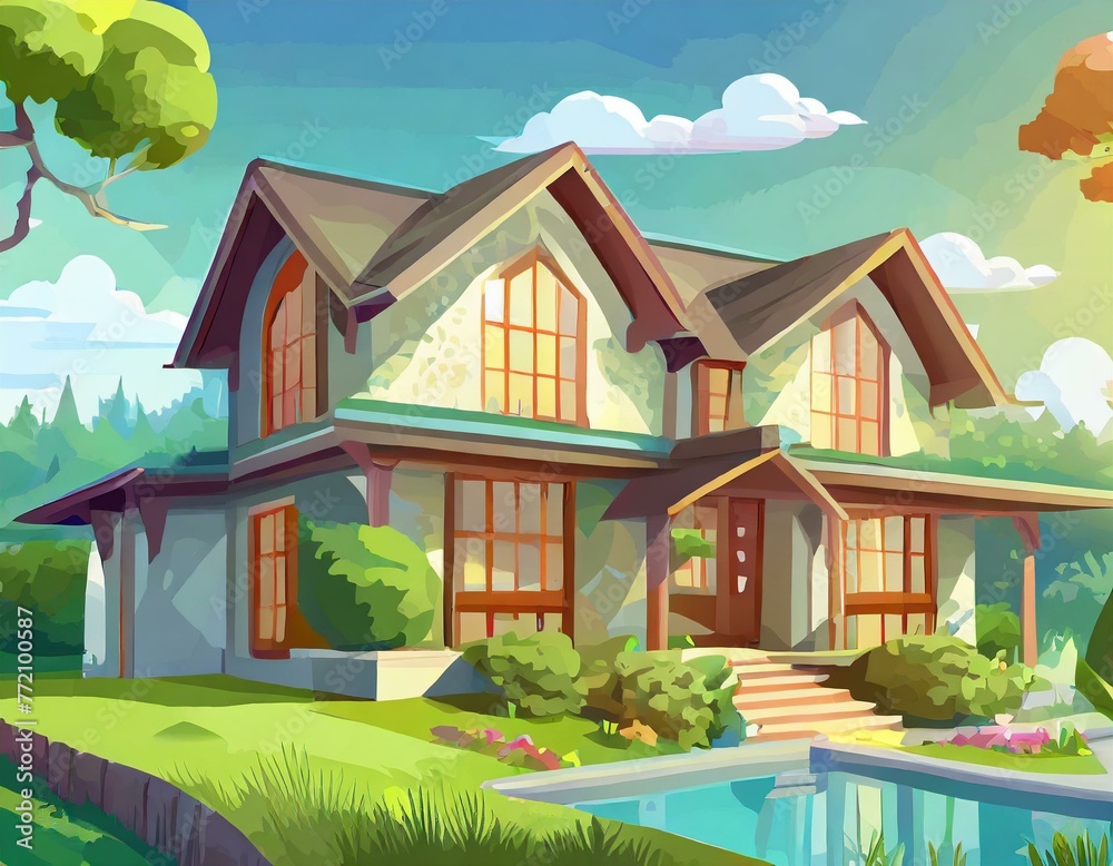 a vector representation of an ideal house, incorporating modern architectural elements and lush landscaping to inspire dreams of homeownership and comfort