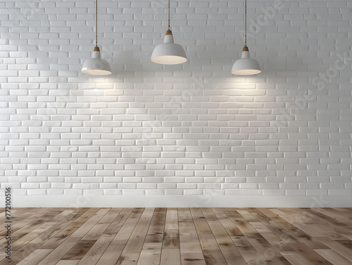 An abstract room featuring a white brick wall  wooden flooring  and hanging lamps from the ceiling.