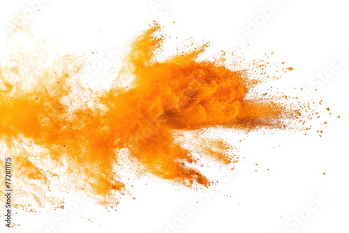 
Abstract orange powder explosion. Closeup of orange dust particle splash isolated on white background photo