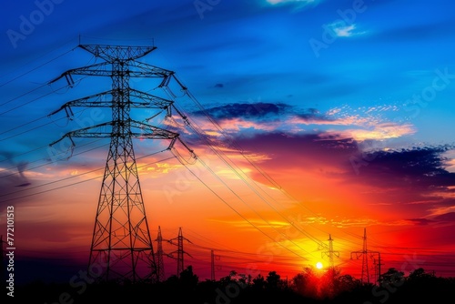 Silhouette of high voltage electric tower against colorful sunset sky background