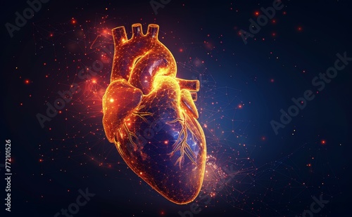 The heart. Low poly wireframe style. Technology and innovation in medicine. Abstract illustration isolated on dark blue background. Particles are connected geometrically. #772101526
