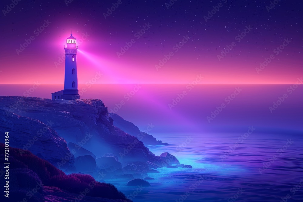 Seashore with lighthouse in a digital futuristic style. Night landscape of rocky coast surrounded by buildings, modern illustration.