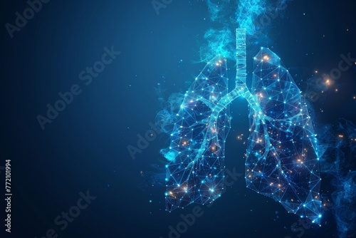 The lungs. Low poly wireframe style. Concept of pulmonology and lungs disease. Abstract polygonal design isolated on a blue background. Modern illustration. photo