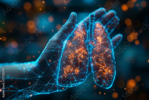 A polygonal wireframe composition depicts lungs in hand. Abstract isolated on dark blue background. Shapes are connected geometrically, suggesting a pulmonologist.