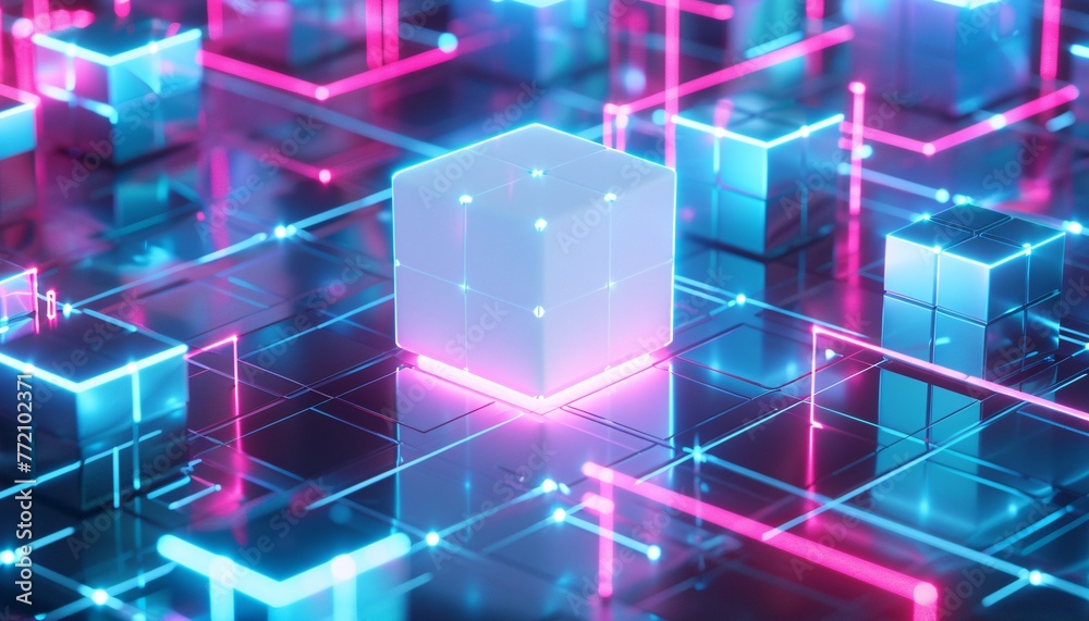 Pink and Blue Neon Cube A Futuristic, Colorful, and Eye-Catching 3D Artwork Generative AI Pink and Blue Neon Cube A Futuristic, Colorful, and Eye-Catching 3D Artwork Generative AI
