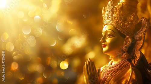 A Golden Statue of the Hindu Goddess in Gentle Light