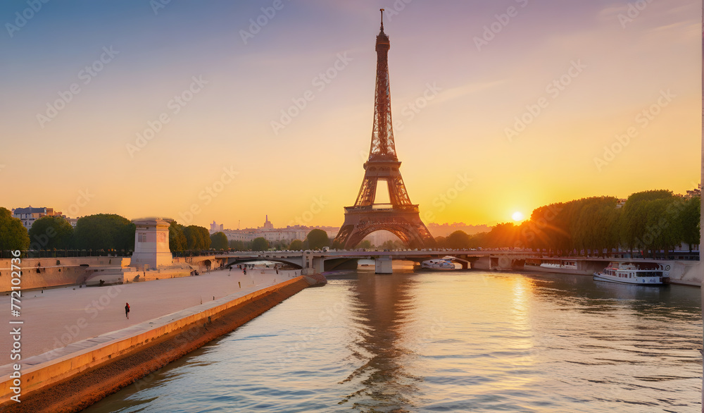 Naklejka premium View of Eiffel Tower and river Seine at sunrise in Paris, France. Eiffel Tower is one of the most iconic landmarks of Paris