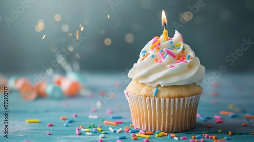 birthday cupcake with copy space, cupcake closeup, birthday celebration, happy birthday cake, cupcake, celebration with cake, cake and candle closeup
