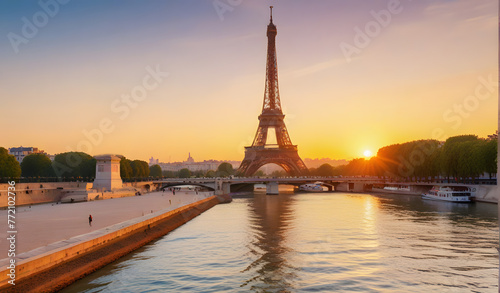 View of Eiffel Tower and river Seine at sunrise in Paris, France. Eiffel Tower is one of the most iconic landmarks of Paris © Hanna Ohnivenko