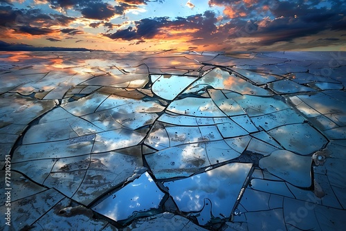 : A shattered sky, in a realm of subtle, interconnected cracks, where moments of serene tranquility and vivid energy alternate.