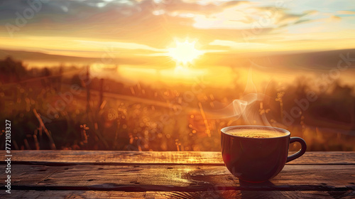  Steaming Cup of Coffee at Sunrise with Mountain View. Coffee Enjoyed at Sunrise with Stunning Mountain