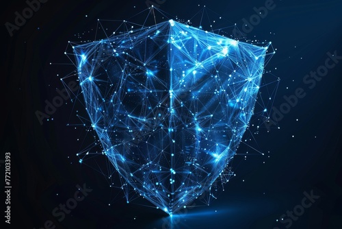 Digital shield. Low poly wireframe style. Abstract, polygonal abstract isolated on blue background. Particles are connected in a geometric silhouette. Modern illustration. © DZMITRY