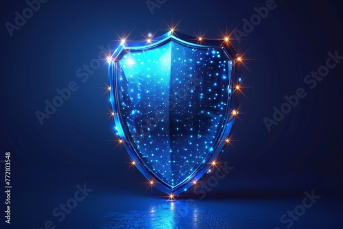 Bubble shield in an abstract glowing style. Element or template for text isolated on a blue background. Modern illustration of a shield.