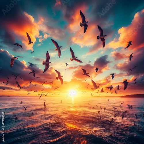 Sunset over the water with birds flying against sunlight on the Mediterranean Sea  © Mustafa