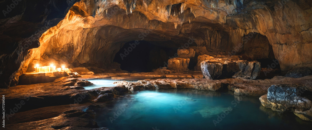 Beautiful landscape inside a cave with sunlight from above
