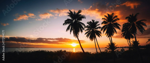 Beautiful landscape of silhouettes of palm trees at sunset. Panorama.