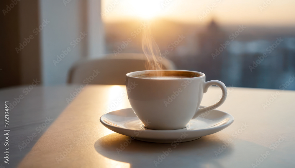 Morning Coffee: A white cup filled with steaming coffee rests on a clean white table, casting a subtle shadow. creating a serene morning scene.