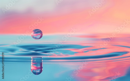 Beautiful clean transparent bright drop of water on smooth surface in blue and pink colors, macro. Creative image of beauty of environment and nature
