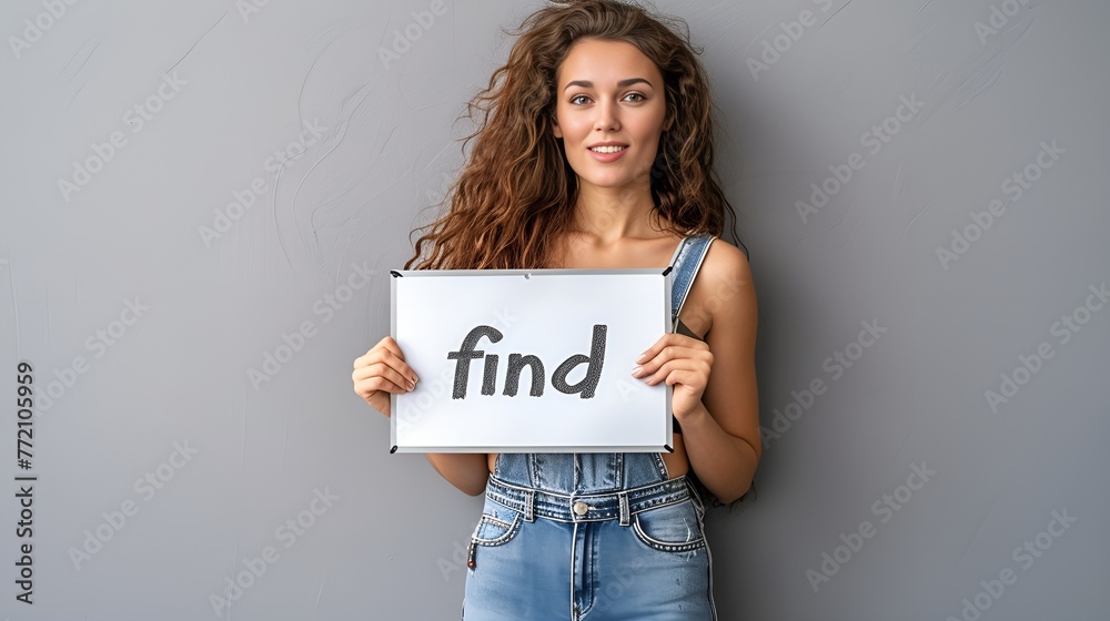 Woman Holding White Board with the Text of Find in P, Woman, holding, white board, text, find, portrait Woman Holding White Board with the Text of Find in P, Woman, holding, white board, text, find, portrait