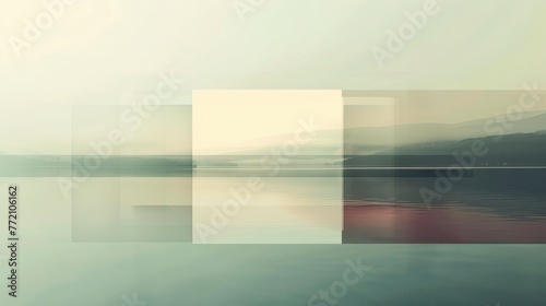 Serenity by the water: panoramic layers of blended mountain, mist, and lake in soft pastel hues create a tranquil abstract landscape.
