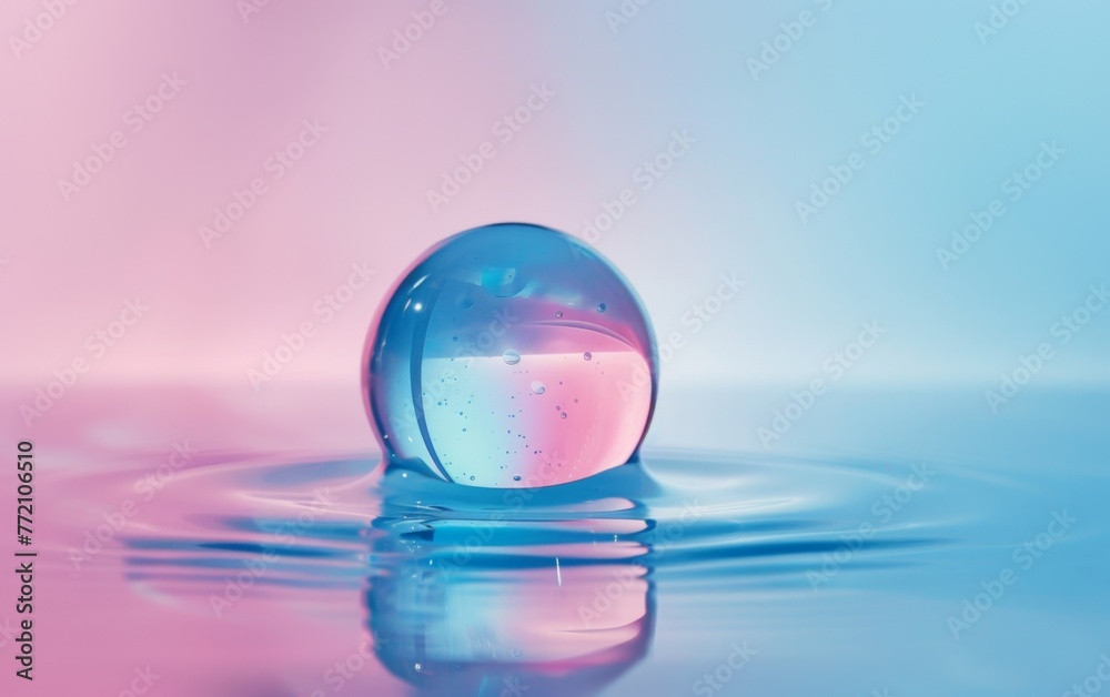 Beautiful clean transparent bright drop of water on smooth surface in blue and pink colors, macro. Creative image of beauty of environment and nature Beautiful clean transparent bright drop of water on smooth surface in blue and pink colors, macro. Creative image of beauty of environment and nature