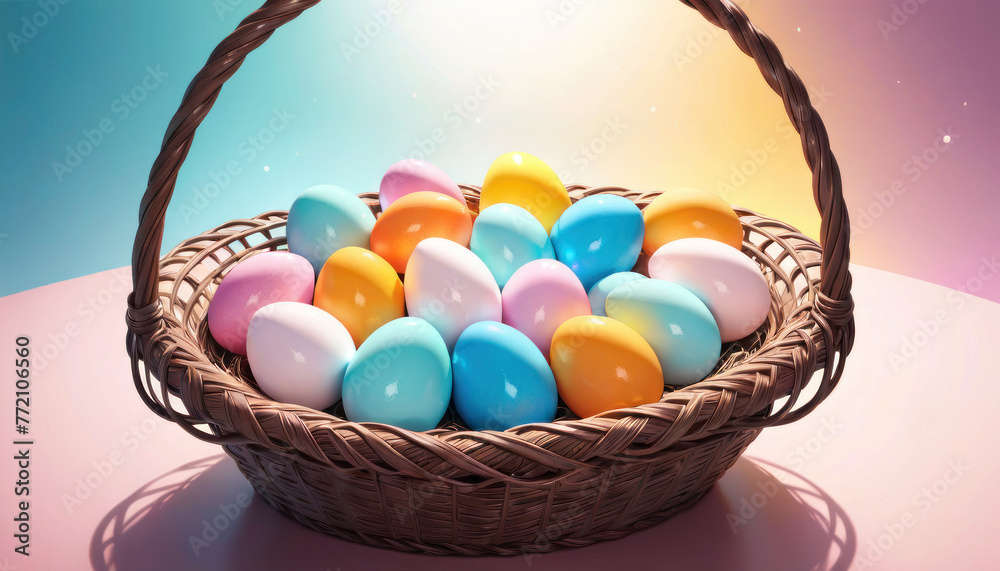Colorful Easter Eggs in Basket, A festive Easter card featuring a woven basket brimming with vibrant, pastel-colored eggs. Perfect for springtime celebrations and holiday greetings. Colorful Easter Eggs in Basket, A festive Easter card featuring a woven basket brimming with vibrant, pastel-colored eggs. Perfect for springtime celebrations and holiday greetings.