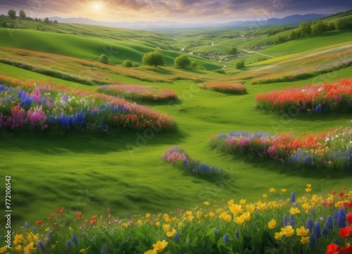Vibrant Mountainous Flowers and Meadows Landscape Illustration