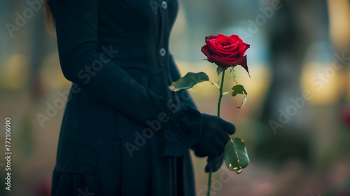 Woman wearing all black holding single red rose on funeral. Graveyard, cemetery background