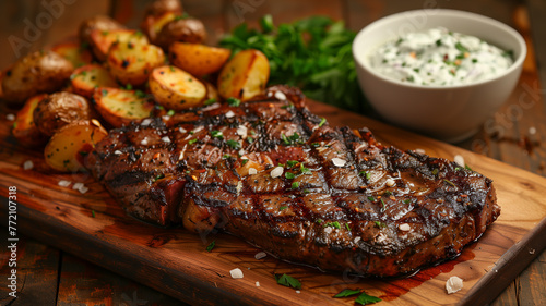 A charred ribeye steak resting on a cutting board  flanked by golden roasted potatoes and a bowl of creamy herb dip  set against an old wooden backdrop