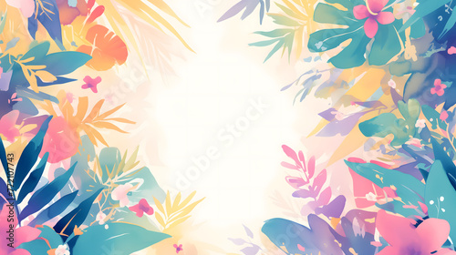 Summer background with tropical flowers and palm leaves, copy space for text. Watercolor artistic summer season, travel template