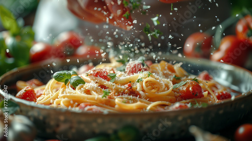Close-up of a professional cook's hands sprinkling fine herbs over a steaming dish of linguine with marinara, surrounded by fresh tomatoes and garlic on the counter