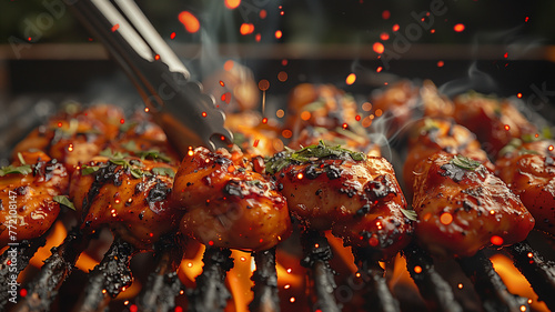 Succulent chicken thighs sizzling over a fiery grill, a chef's tongs in motion, amidst the smoky aroma of a summer barbecue photo