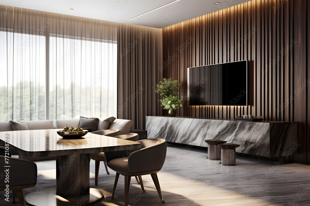 Modern luxury living room with dining table. MInimalist concept